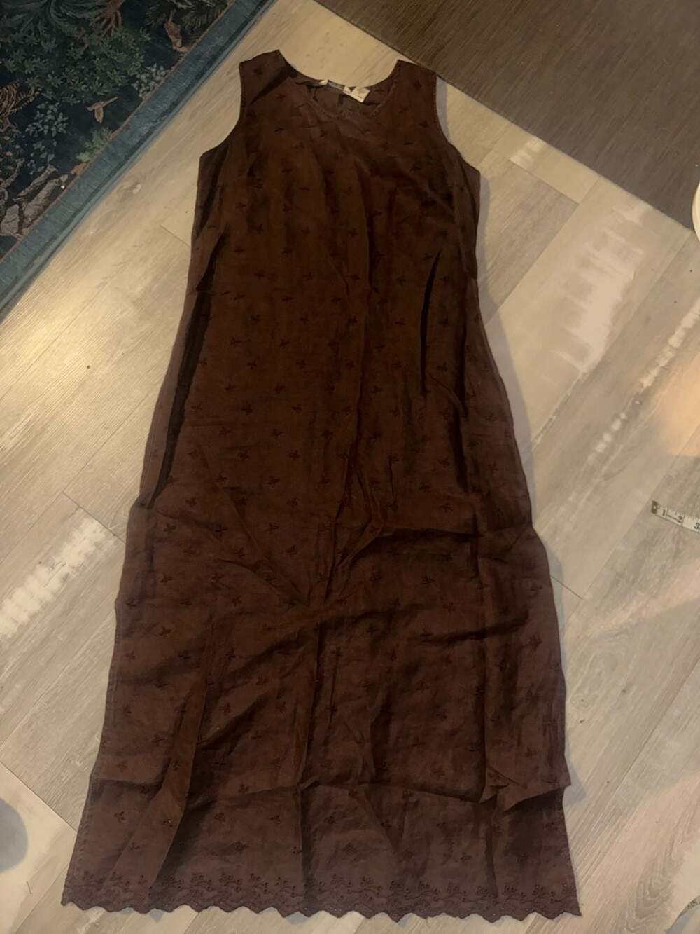 Eddie Bauer Maxi Dress Size Tall XL Brown Linen Embroidered Sleeveless
